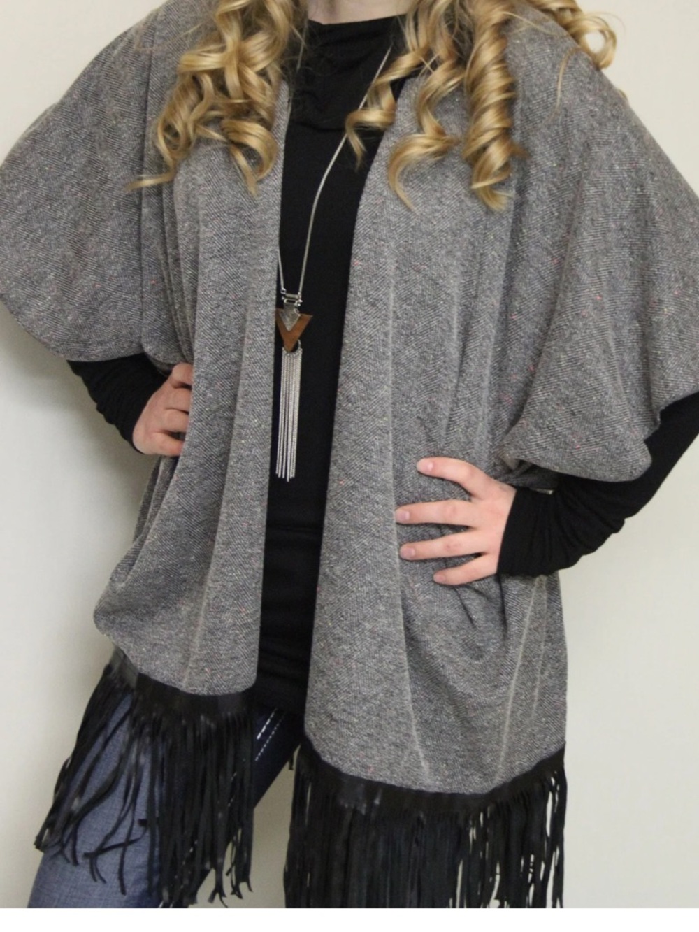 Hollister Grey Open-Front Cardigan with Black Fringe